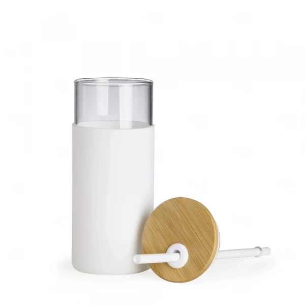 Copo Personalizado  de Vidro com Tampa de Bambu e Canudo - 450ml Branco