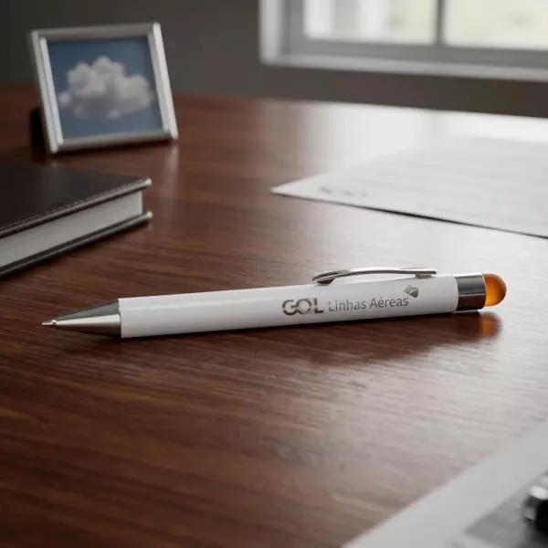 Caneta Metálica Branca com Touch Colorido Personalizada