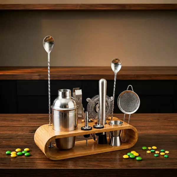 Kit Bar 10 Peças em Aço Inox com Base Bambu Personalizado
