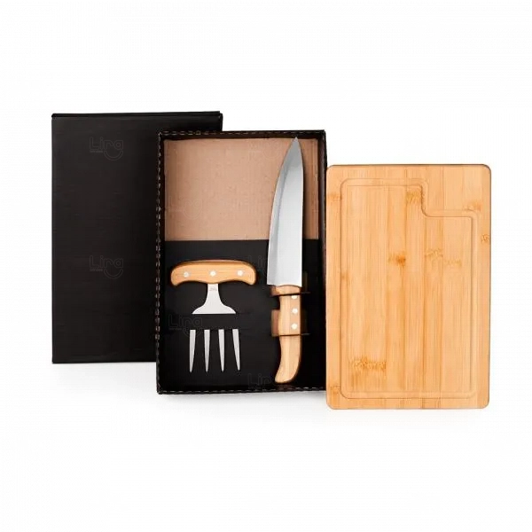 Kit Personalizado p/ Churrasco Bambu Com Garfo 4 Dentes - 3 Pç 