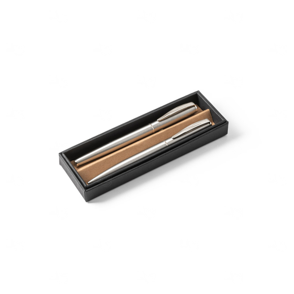 Kit com Caneta Esferográfica Aço Inox Personalizada - 2 Peças 