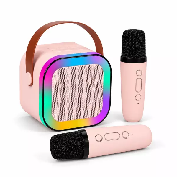 Caixinha de Som Karaokê com Microfones Personalizada Rosa Claro