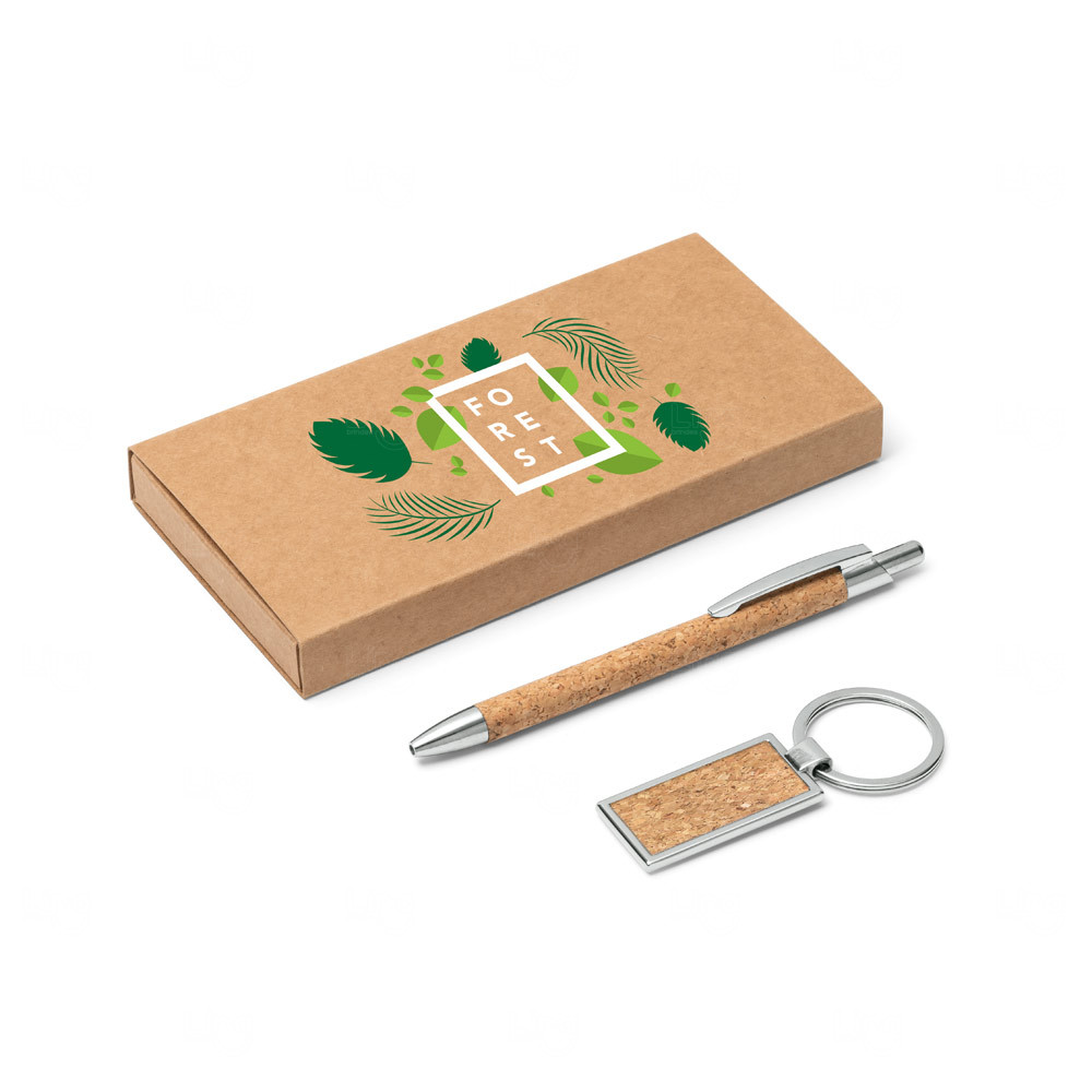 Kit com Caneta e Chaveiro em Cortiça Personalizado 