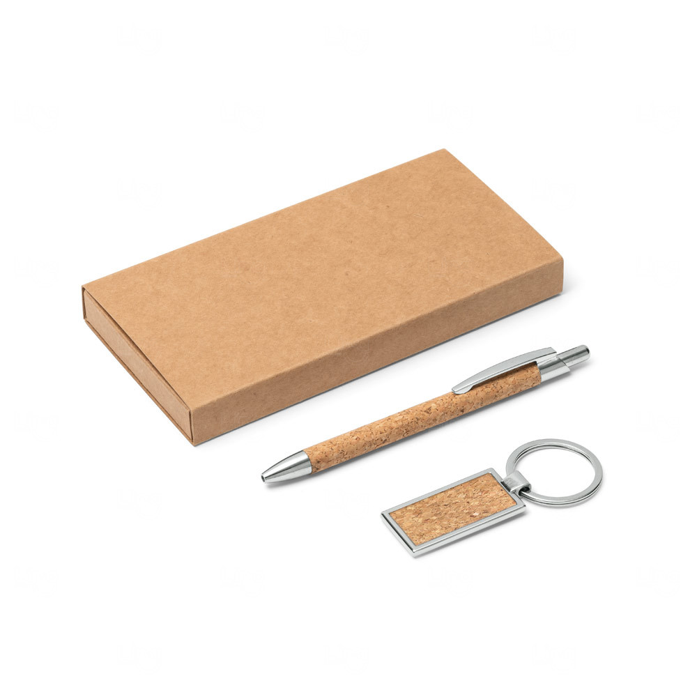 Kit com Caneta e Chaveiro em Cortiça Personalizado Natural