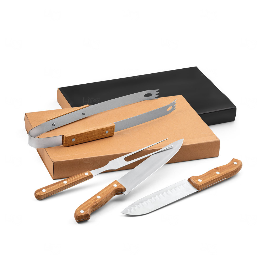 Kit Churrasco Inox e Bambu Personalizado - 4 peças 