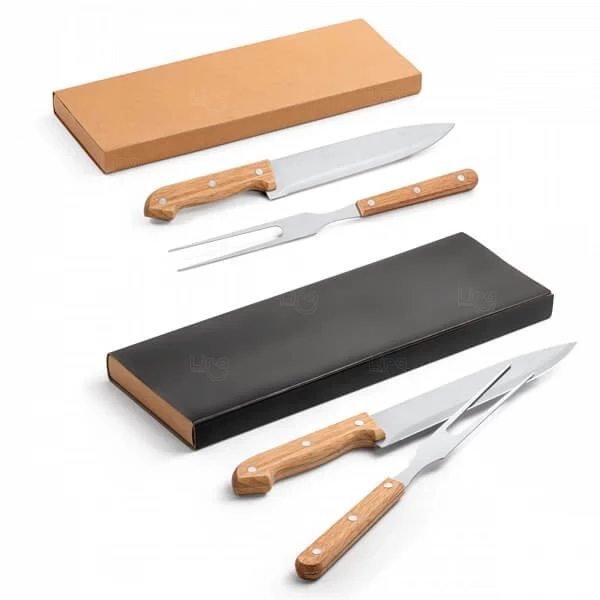 Kit Churrasco Personalizado 2 Peças Inox e Bambu em Caixa Kraft 