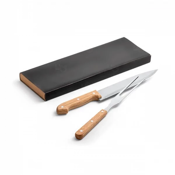 Kit Churrasco Personalizado 2 Peças Inox e Bambu em Caixa Kraft 
