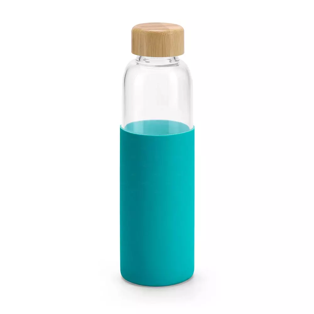 Garrafa de Vidro 600ml com Tampa de Bambu Personalizada Azul Claro