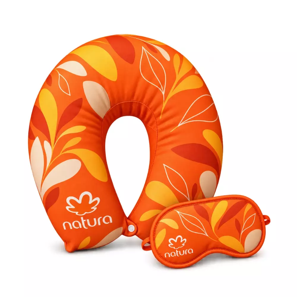 Kit Viagem Personalizado — Almofada de Pescoço + Máscara Dormir Laranja