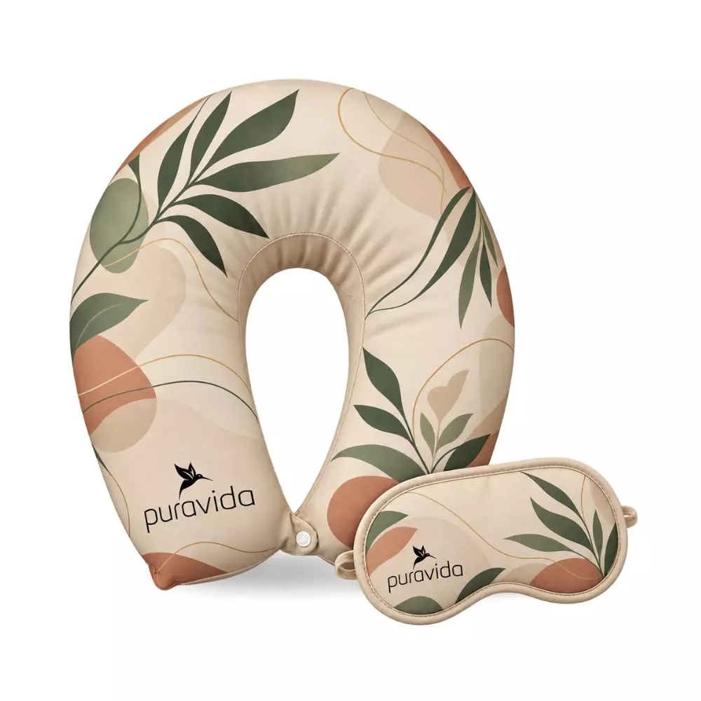 Kit Viagem Personalizado — Almofada de Pescoço + Máscara Dormir Bege