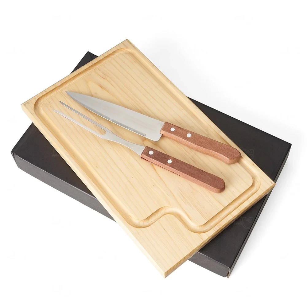 Kit Churrasco Personalizado Inox e Madeira - Faca, Garfo e Tábua 