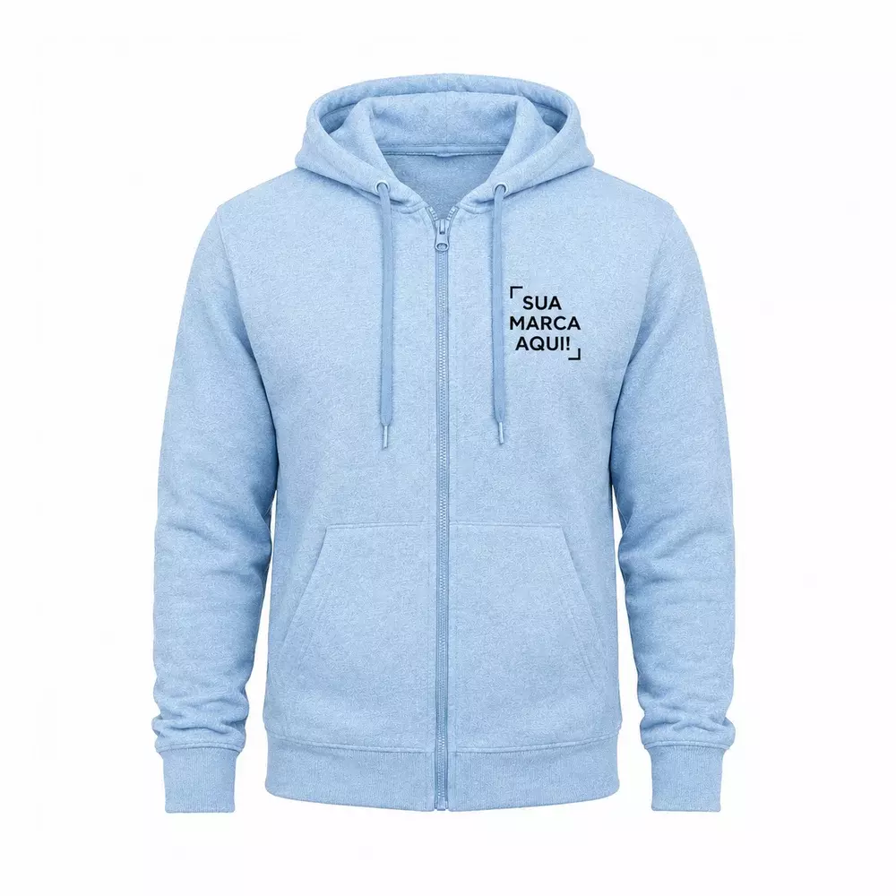 Moletom Canguru com Zíper e Capuz Personalizado Azul Claro
