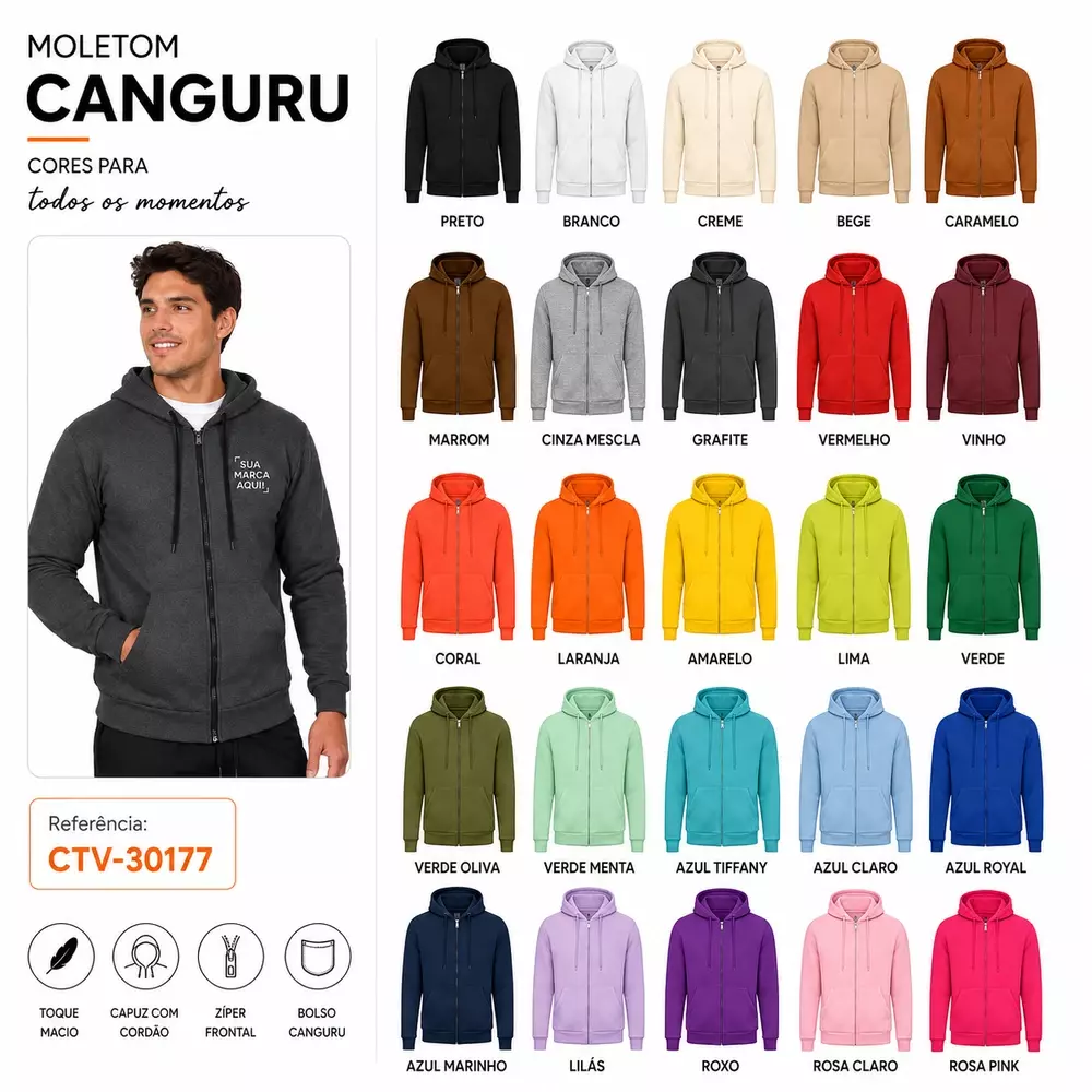Moletom Canguru com Zíper e Capuz Personalizado 