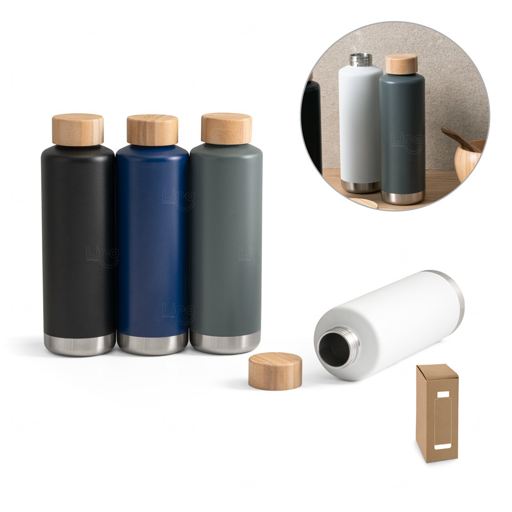 Garrafa Térmica Inox com Tampa de Bambu Personalizada – 640ml 