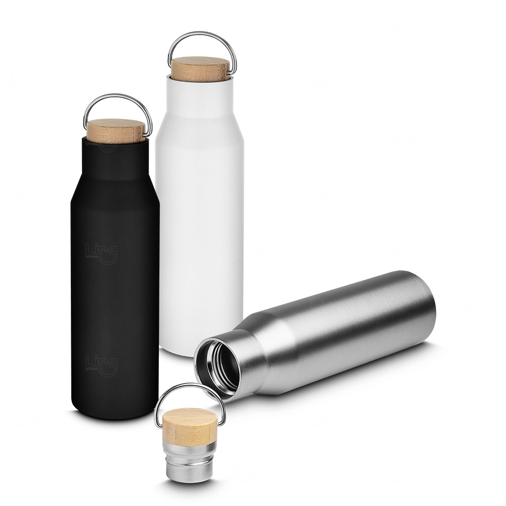 Garrafa Térmica Inox com Tampa de Bambu Personalizada – 600ml 