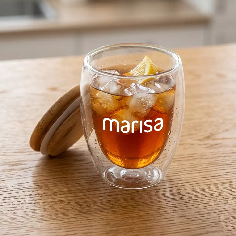 Copo de Vidro Isotérmico com Tampa de Bambu Personalizado - 350ml 