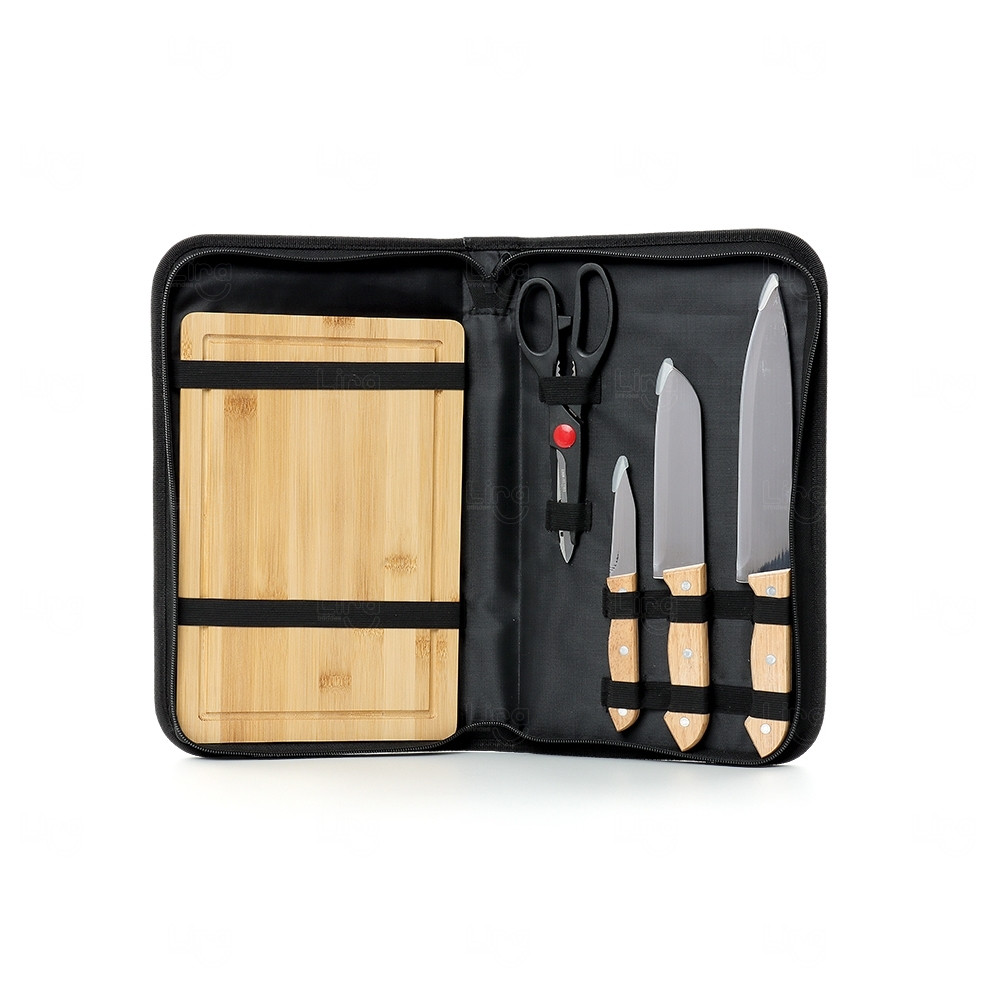 Kit Churrasco Personalizado com Tábua, Facas e Estojo - 5 Peças 
