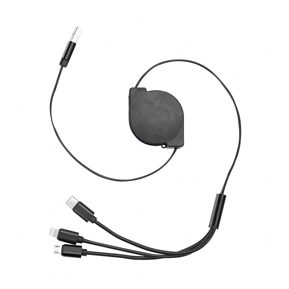 Cabo USB Retrátil 3 em 1 Personalizado Preto