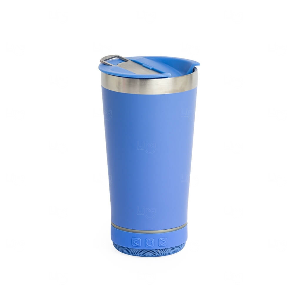 Copo Térmico com Caixa de Som 400ml Personalizado Azul Claro