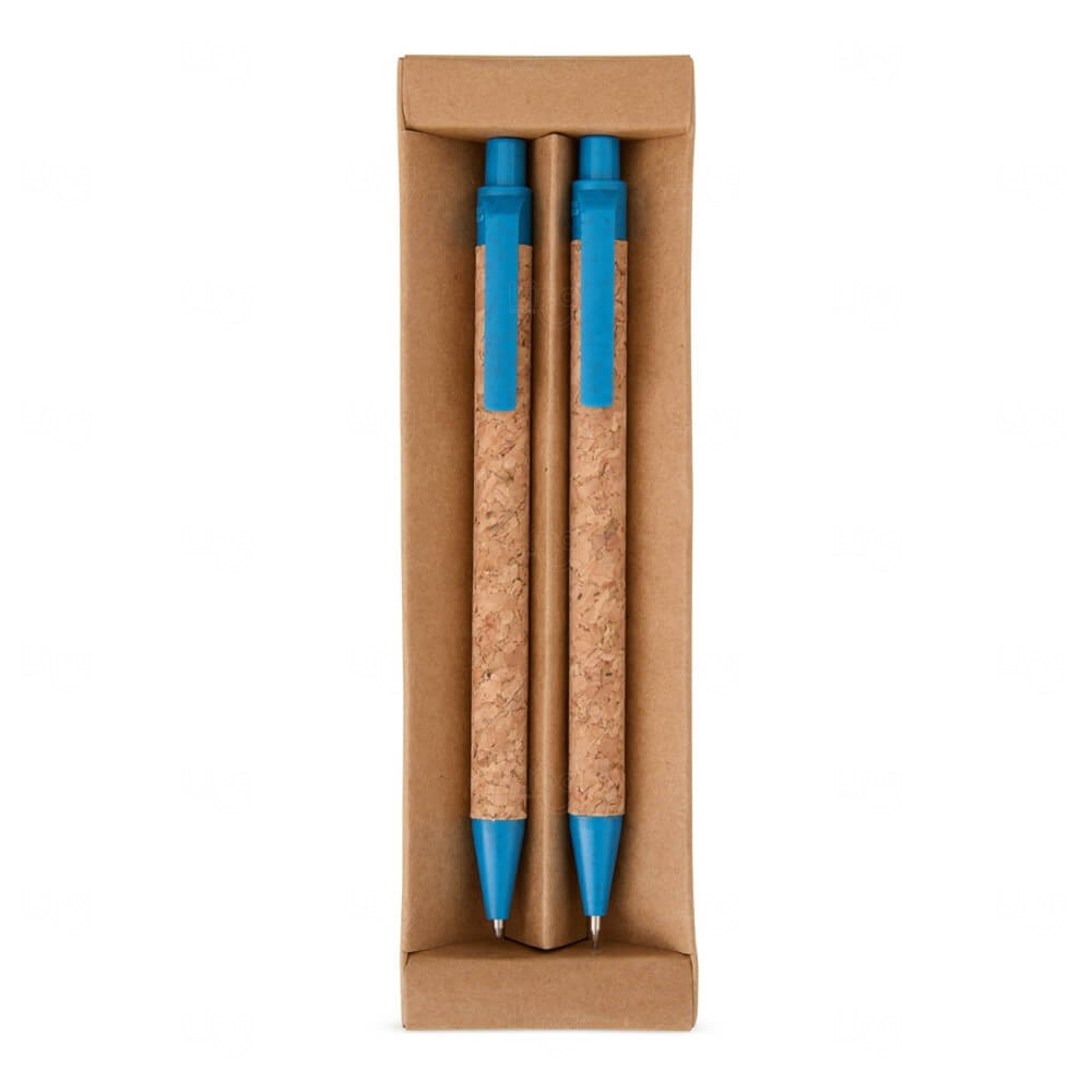 Kit Ecológico Caneta e Lapiseira de Cortiça Personalizado Azul