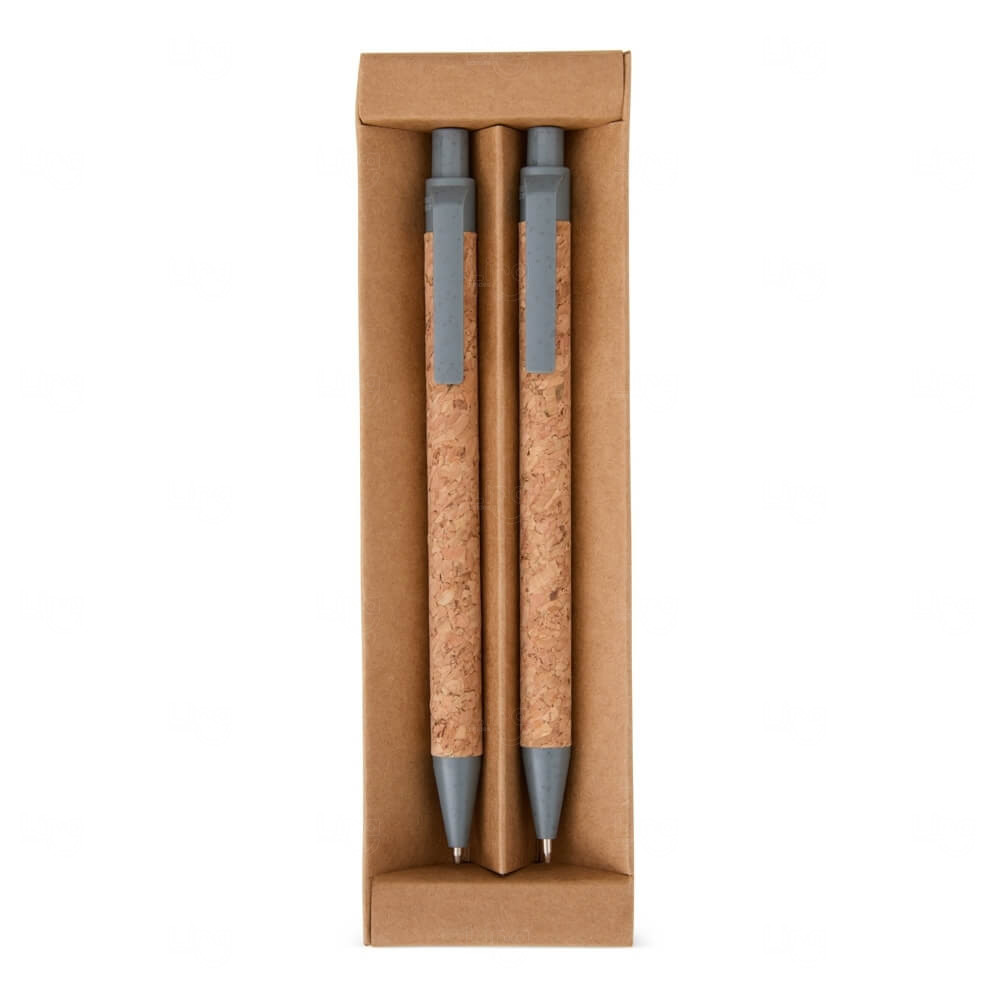 Kit Ecológico Caneta e Lapiseira de Cortiça Personalizado Cinza