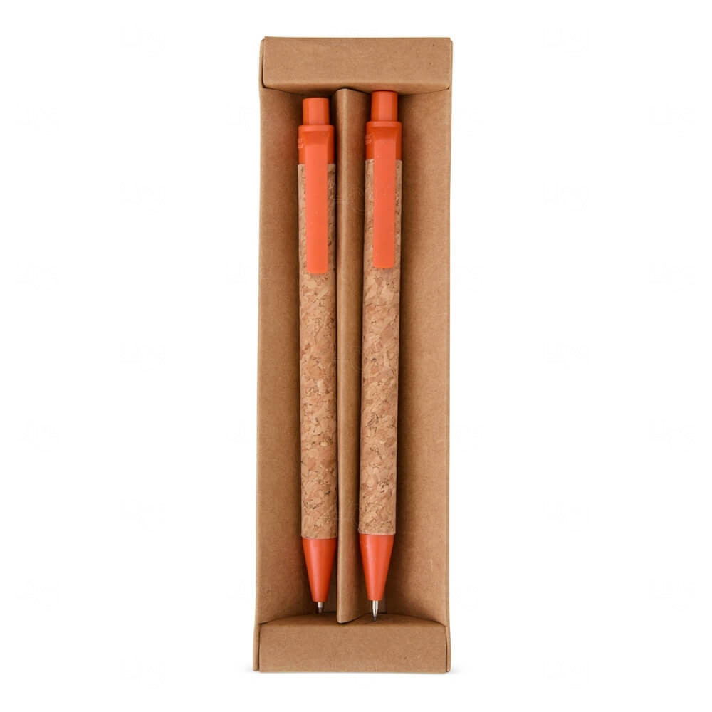 Kit Ecológico Caneta e Lapiseira de Cortiça Personalizado Laranja