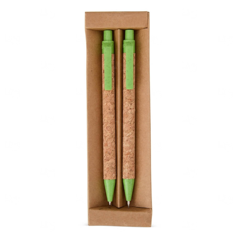 Kit Ecológico Caneta e Lapiseira de Cortiça Personalizado Verde Claro