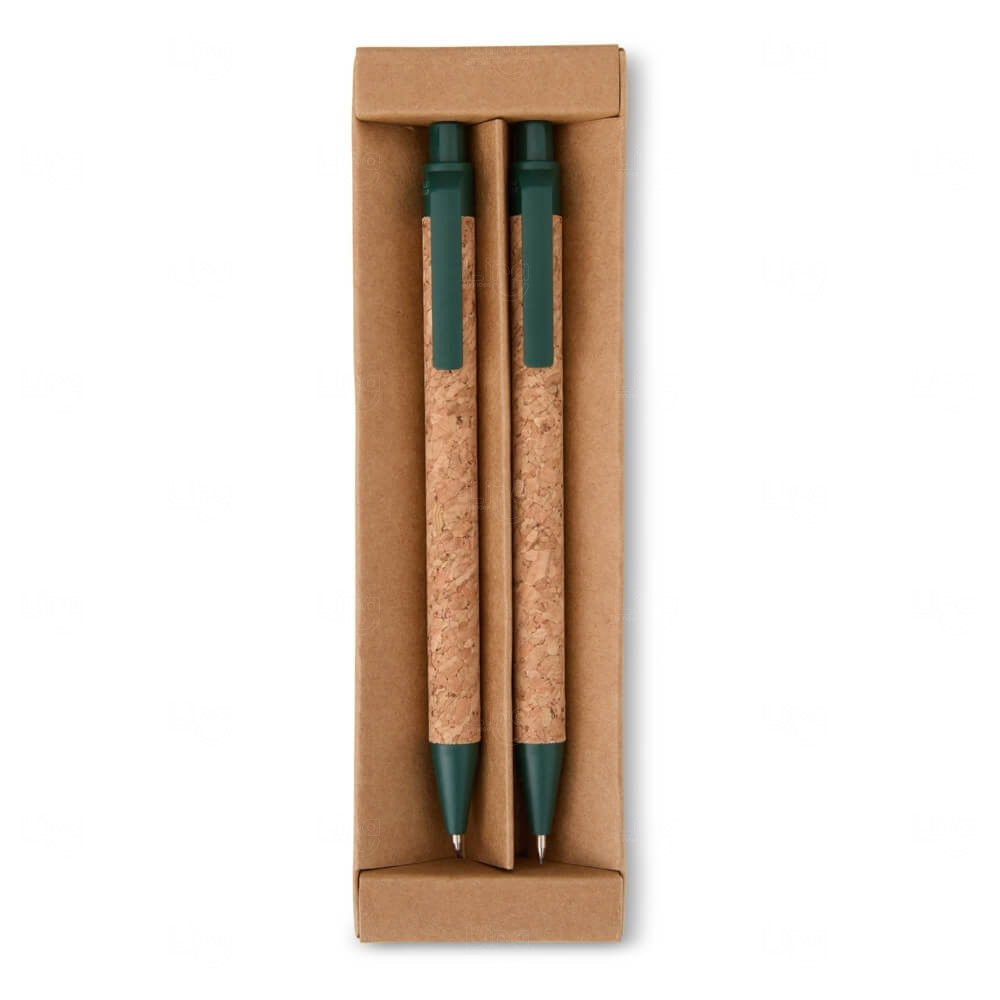 Kit Ecológico Caneta e Lapiseira de Cortiça Personalizado Verde Escuro