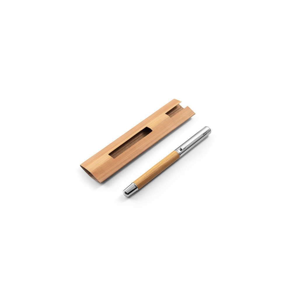 Caneta em Aço Inox com Detalhe em Bambu Personalizada 
