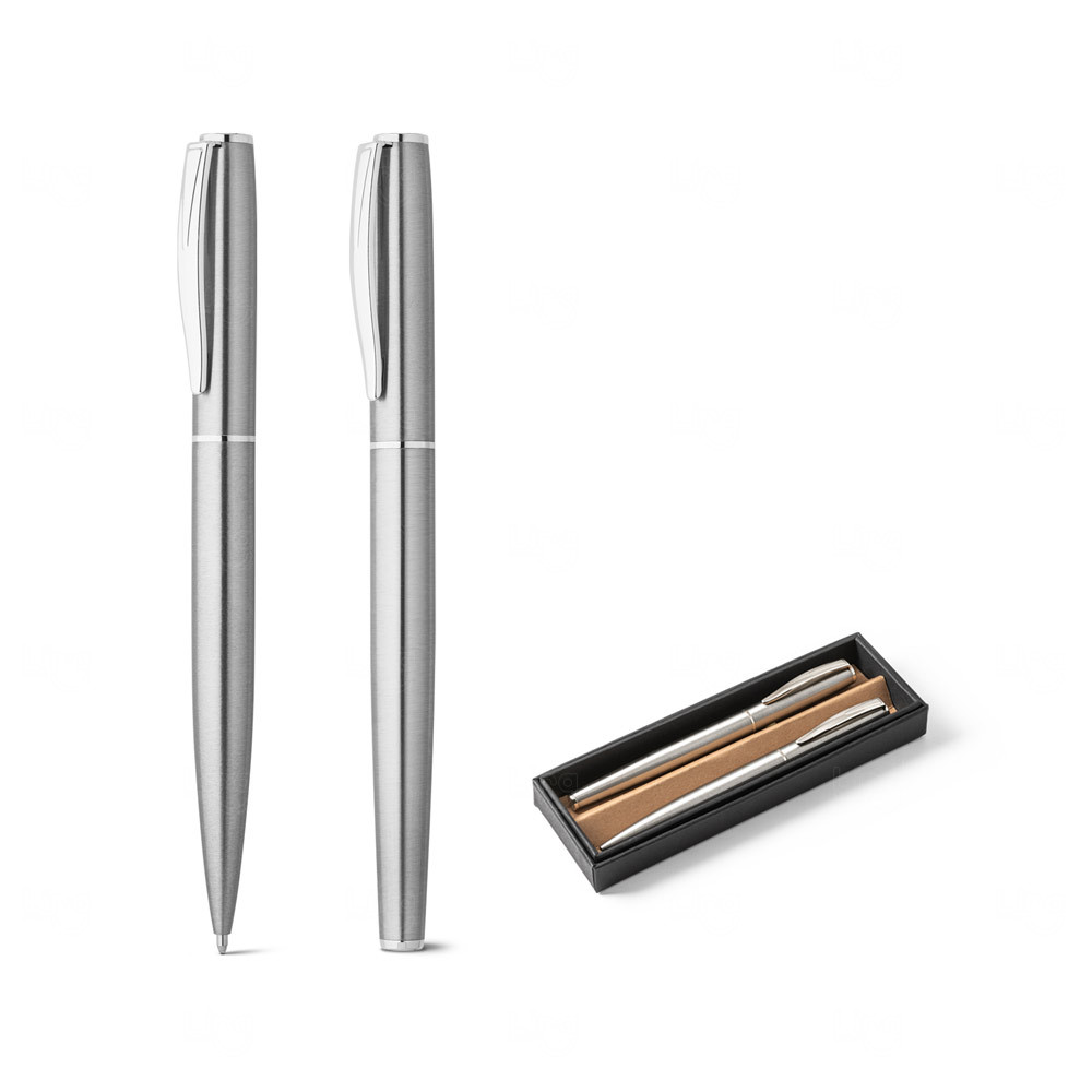 Kit com Caneta Esferográfica Aço Inox Personalizada - 2 Peças 