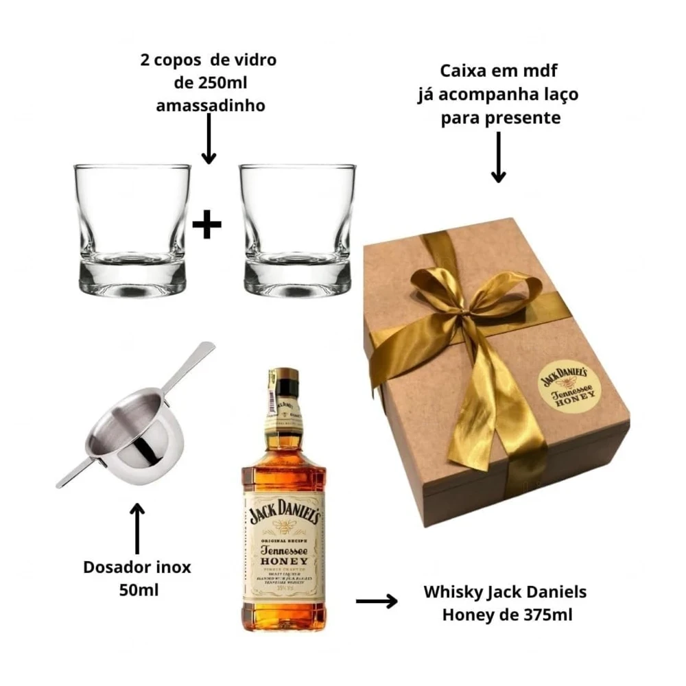 Kit Whisky Jack Daniel's Honey com Copos e Dosador Personalizado 
