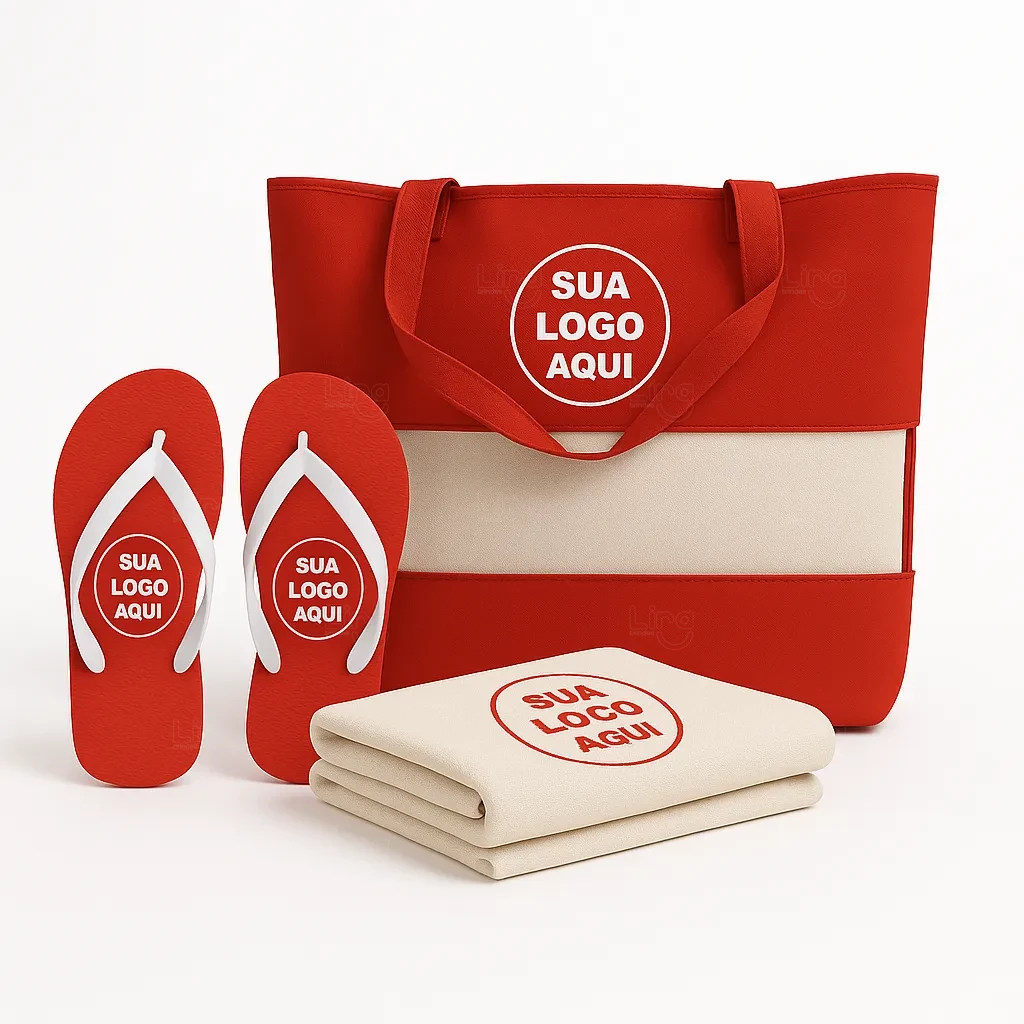 Kit Praia Personalizado - Sacola, Chinelo e Toalha Vermelho