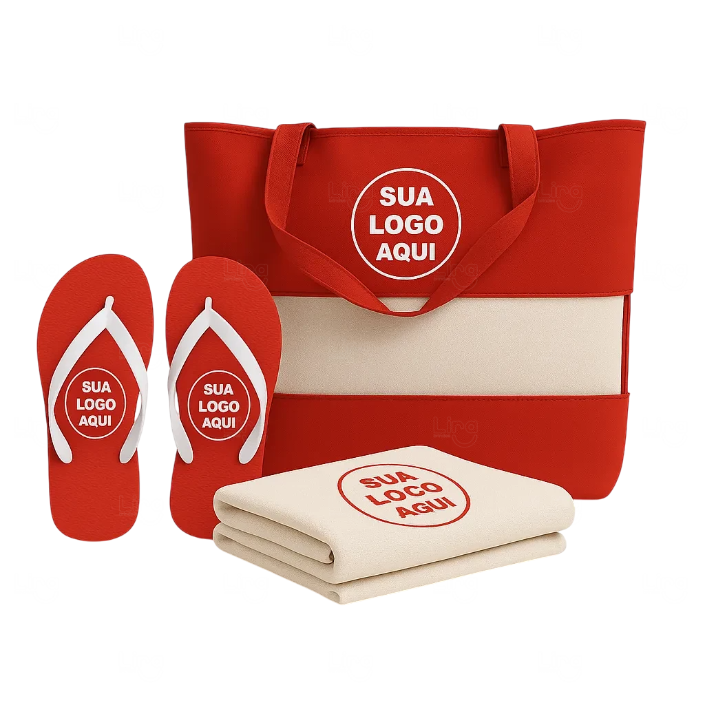 Kit Praia Personalizado - Sacola, Chinelo e Toalha Vermelho