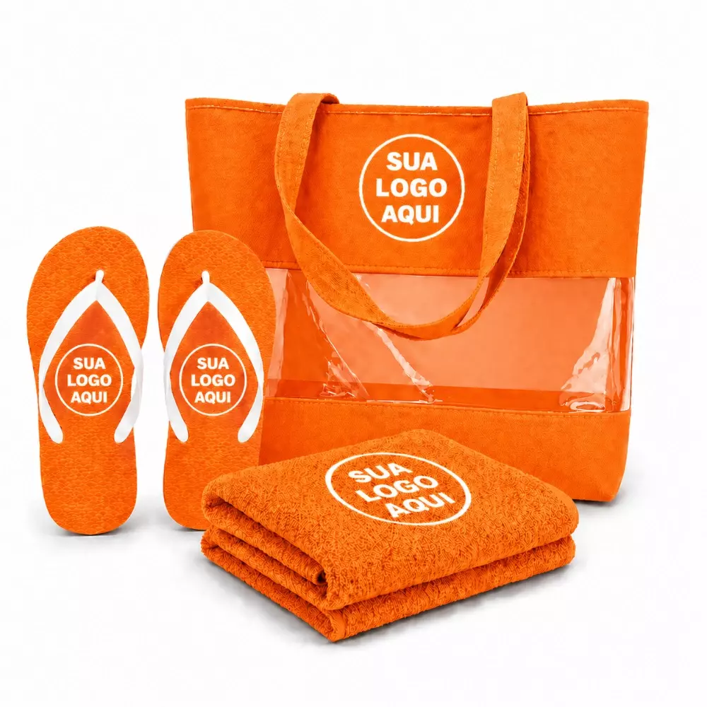 Kit Praia Personalizado - Sacola, Chinelo e Toalha Laranja