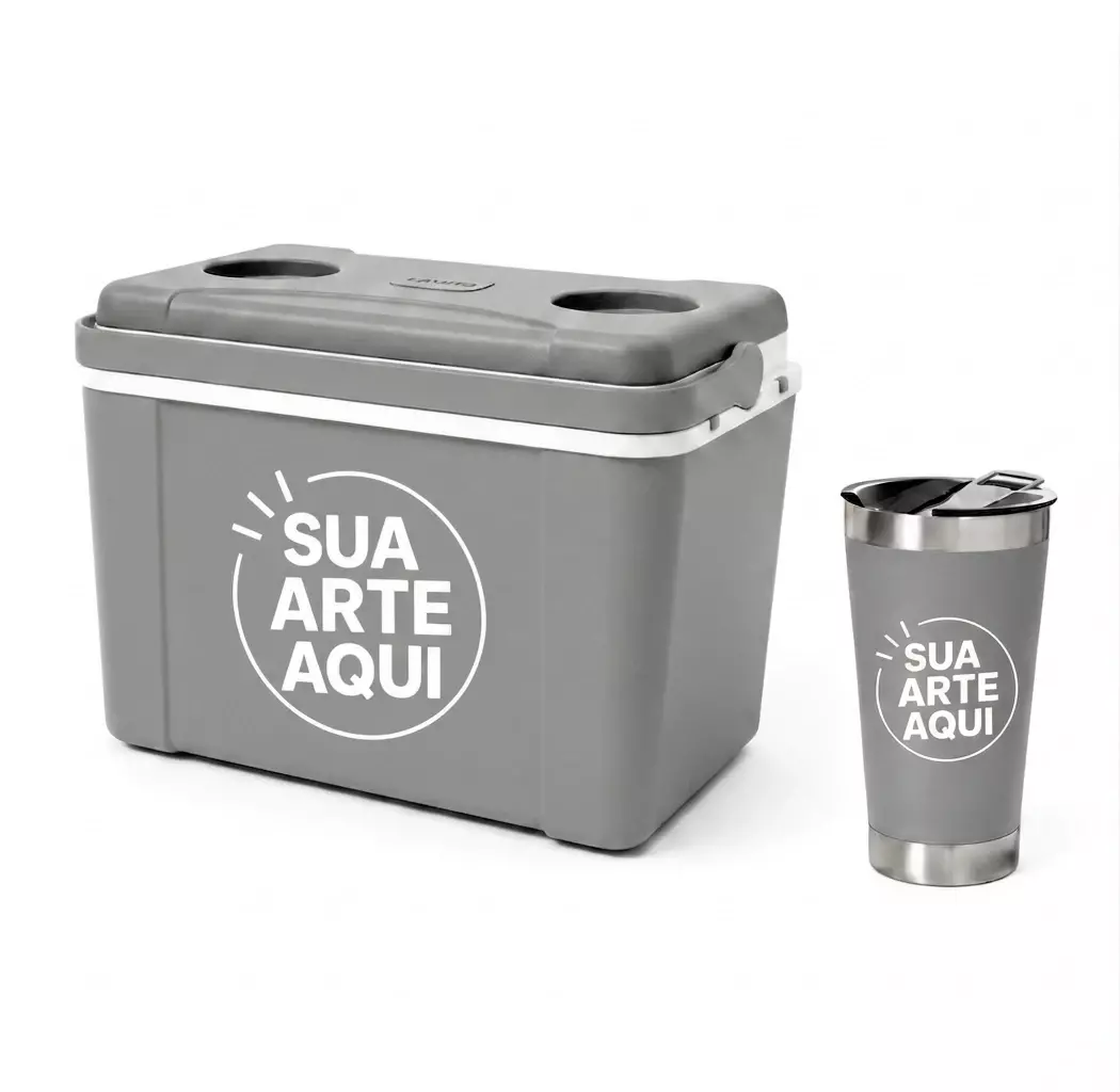 Kit Água de Coco Personalizado - Caixa 12L e Copo Térmico 500ml Cinza