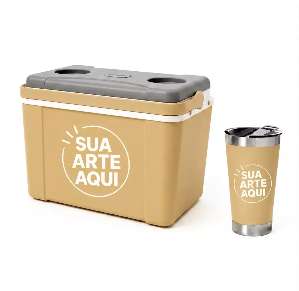 Kit Água de Coco Personalizado - Caixa 12L e Copo Térmico 500ml Bege