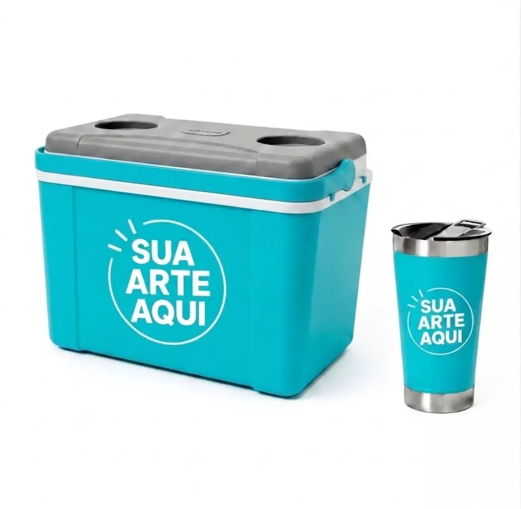 Kit Água de Coco Personalizado - Caixa 12L e Copo Térmico 500ml Azul Ciano