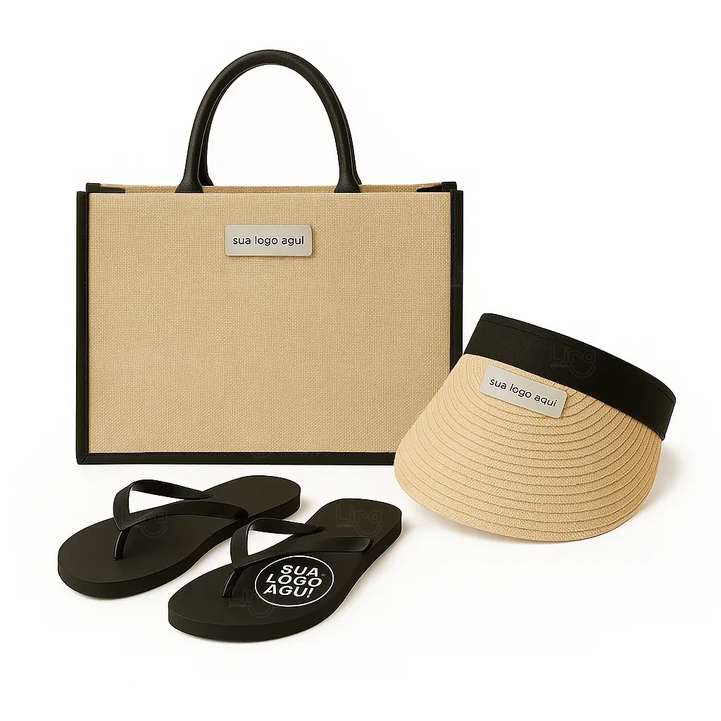 Kit Férias Personalizado - Sacola, Viseira e Chinelo Natural