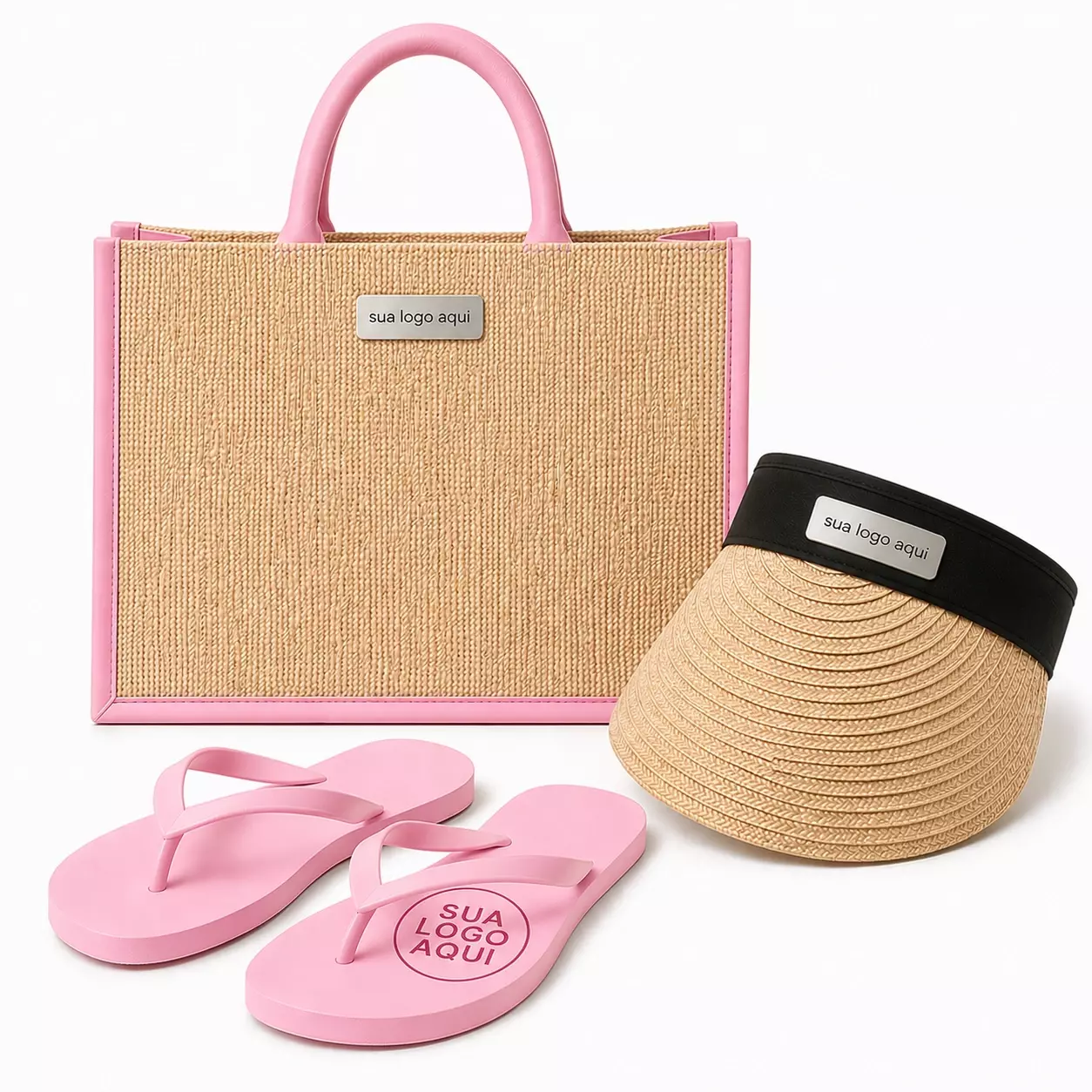 Kit Férias Personalizado - Sacola, Viseira e Chinelo Rosa Claro