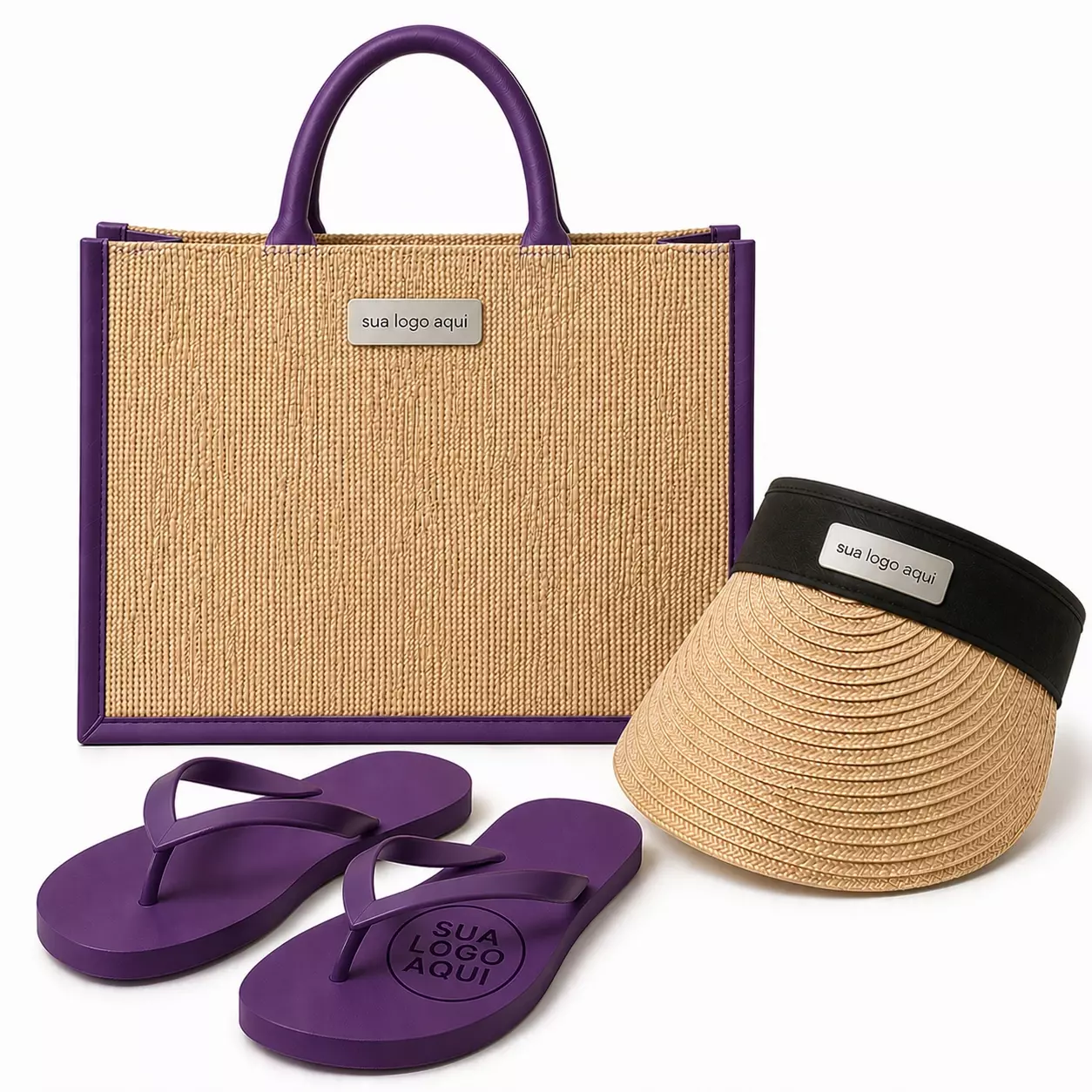 Kit Férias Personalizado - Sacola, Viseira e Chinelo Roxo