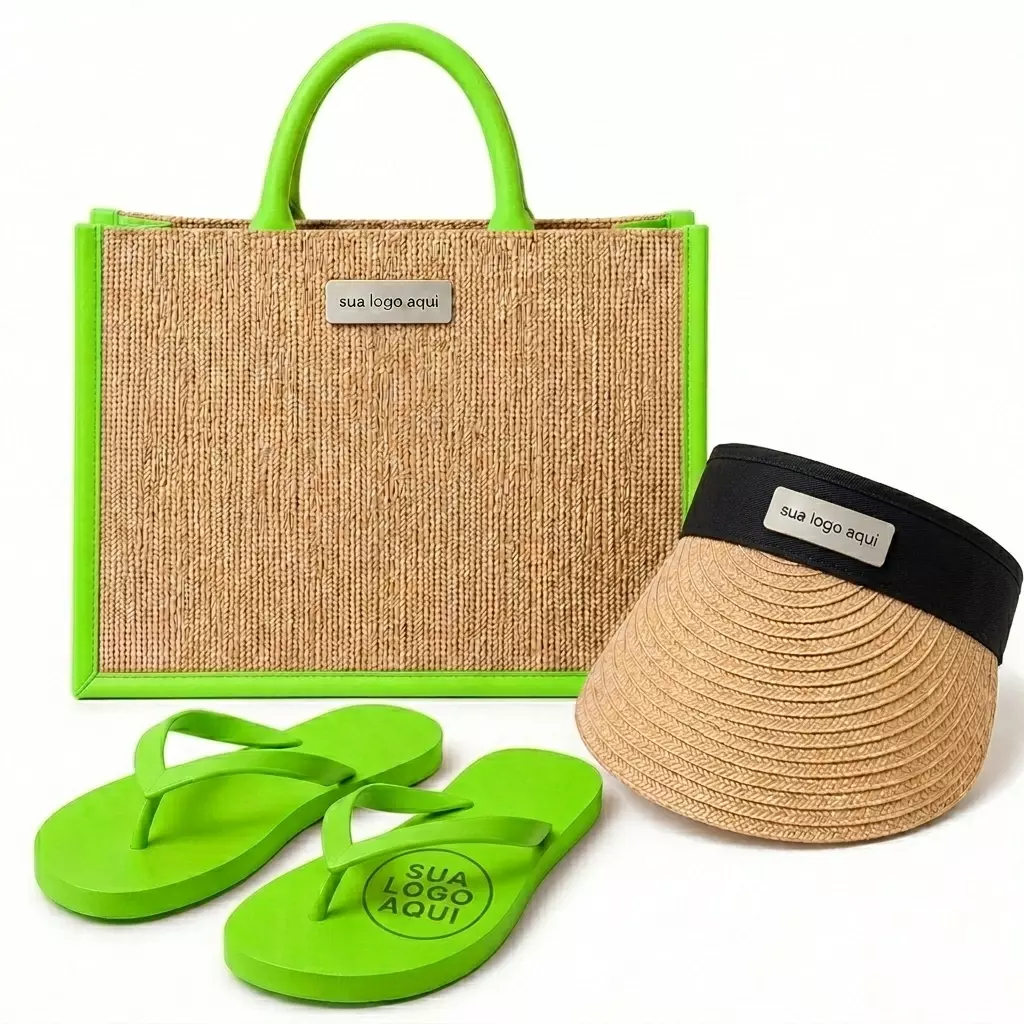Kit Férias Personalizado - Sacola, Viseira e Chinelo Verde Claro