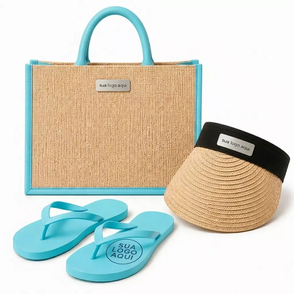 Kit Férias Personalizado - Sacola, Viseira e Chinelo Azul Ciano