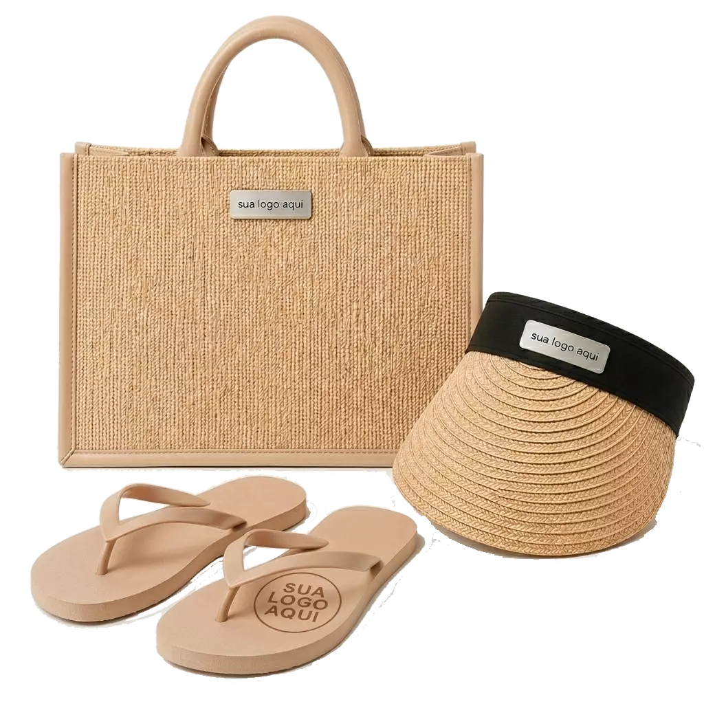 Kit Férias Personalizado - Sacola, Viseira e Chinelo Bege