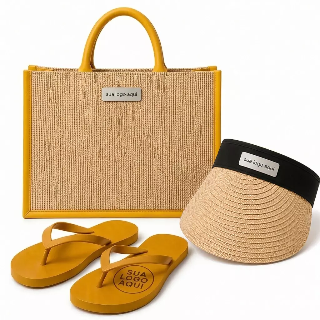 Kit Férias Personalizado - Sacola, Viseira e Chinelo Amarelo