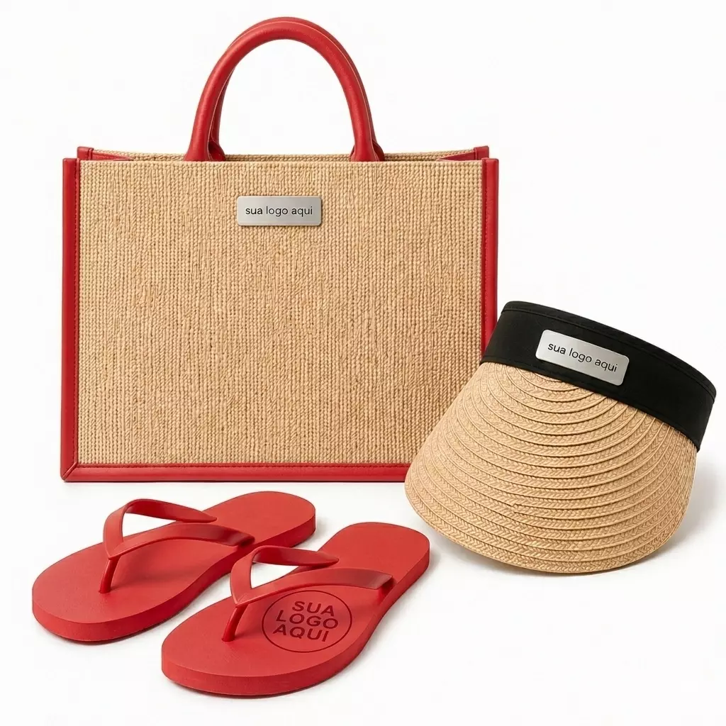 Kit Férias Personalizado - Sacola, Viseira e Chinelo Vermelho