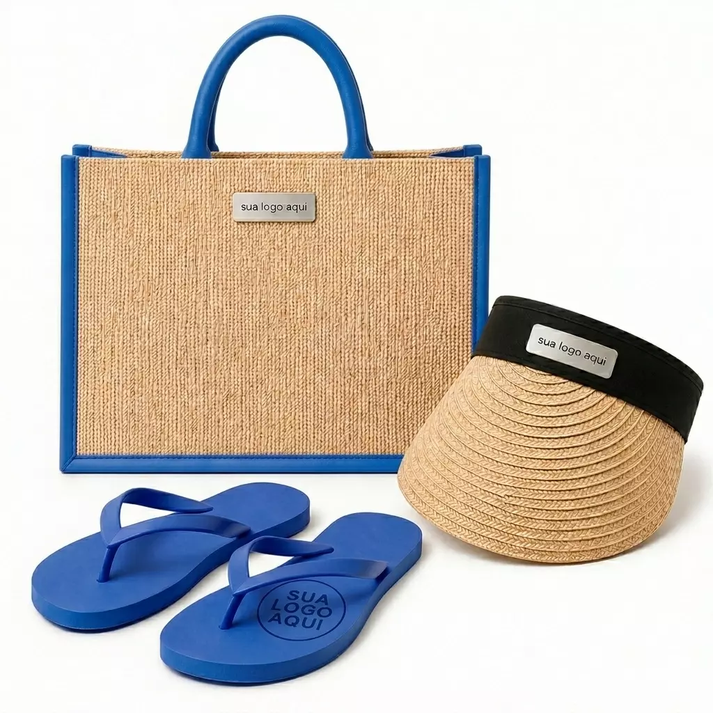 Kit Férias Personalizado - Sacola, Viseira e Chinelo Azul