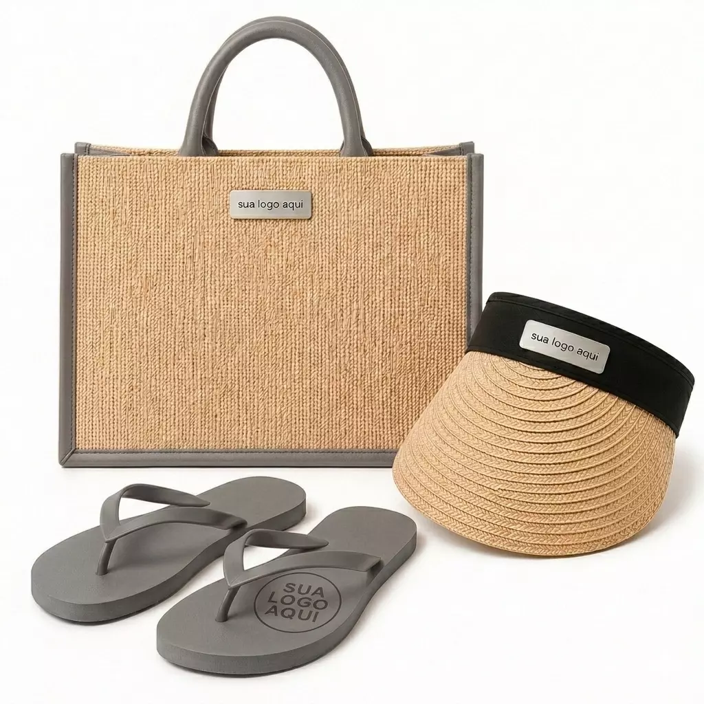 Kit Férias Personalizado - Sacola, Viseira e Chinelo Cinza