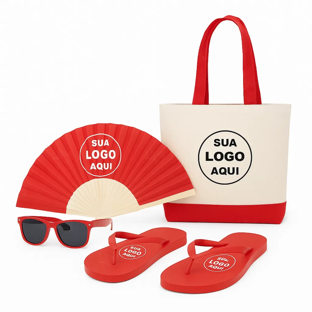 Kit Brisa Personalizado - Sacola, Leque, Chinelo e Óculos Vermelho