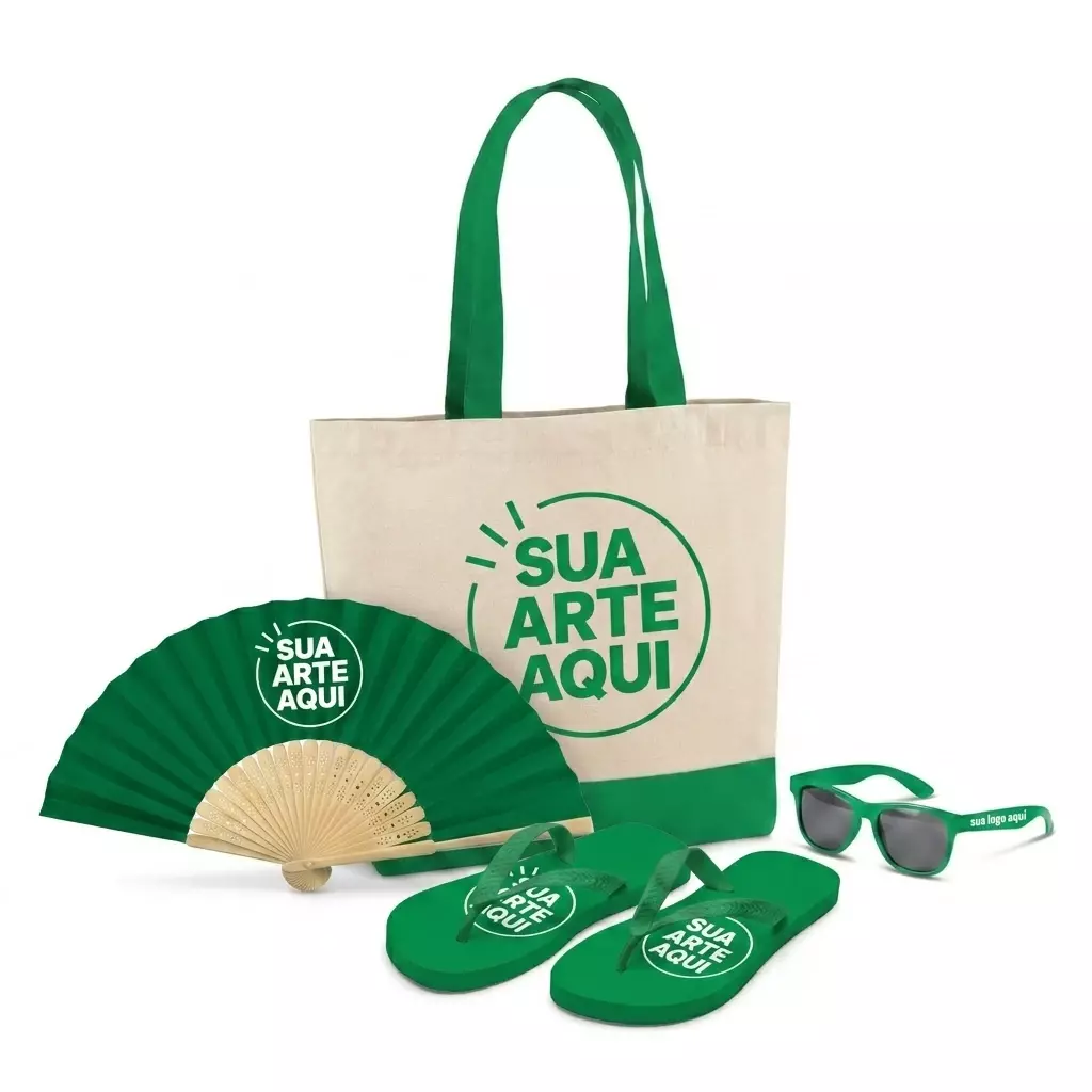 Kit Brisa Personalizado - Sacola, Leque, Chinelo e Óculos Verde