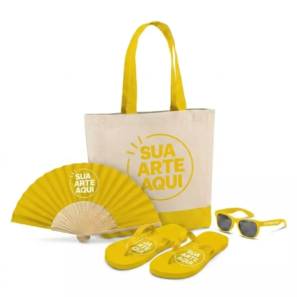 Kit Brisa Personalizado - Sacola, Leque, Chinelo e Óculos Amarelo